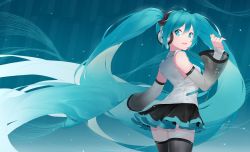Rule 34 | 1girl, absurdly long hair, black skirt, blue eyes, blue hair, detached sleeves, eyebrows hidden by hair, fhang, from behind, grey sleeves, grey thighhighs, hair between eyes, hatsune miku, hatsune miku (nt), headphones, highres, long hair, long sleeves, looking at viewer, looking back, pleated skirt, shirt, sidelocks, skirt, sleeveless, sleeveless shirt, sleeves past wrists, solo, standing, thighhighs, very long hair, vocaloid, white shirt, wide sleeves, zettai ryouiki