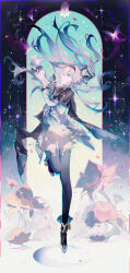 Rule 34 | 1girl, absurdres, arm up, black hairband, black jacket, black ribbon, black thighhighs, blue hair, blue pupils, blue skirt, bow, bug, butterfly, character name, cropped jacket, dress, falling petals, finger to mouth, firefly (honkai: star rail), floating hair, flower, from side, full body, gradient hair, green bow, grey hair, hair between eyes, hair bow, hair intakes, hair ribbon, hair spread out, hairband, highres, honkai: star rail, honkai (series), insect, jacket, long hair, long sleeves, multicolored hair, neckerchief, orange neckerchief, outstretched arm, petals, pink eyes, pleated skirt, polaroid, profile, qianqianjie, ribbon, shirt, sidelocks, skirt, solo, sparkle, thighhighs, white dress, white hair, white shirt