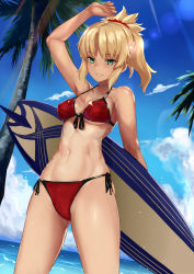Rule 34 | 1girl, bikini, blonde hair, breasts, fate/apocrypha, fate/grand order, fate (series), green eyes, holding, holding behind back, jilllxlxl, mordred (fate), mordred (fate) (all), mordred (fate/apocrypha), mordred (swimsuit rider) (fate), mordred (swimsuit rider) (first ascension) (fate), navel, palm tree, ponytail, red bikini, smile, solo, string bikini, surfboard, swimsuit, tan, tree
