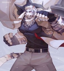 Rule 34 | 1boy, abs, absurdres, animal ears, arknights, artist name, augoose cong, bandaged hand, bandages, bara, belt, black bandages, black belt, black shirt, blue eyes, chain, chain necklace, character name, claws, clenched hands, clenched teeth, commentary, copyright name, cross scar, english commentary, facial scar, furry, furry male, highres, jewelry, looking at viewer, male focus, mountain (arknights), necklace, pants, pectorals, punching, scar, scar across eye, scar on arm, scar on cheek, scar on face, scar on hand, scar on nose, scar on tail, shirt, sleeveless, tail, teeth, tiger boy, tiger ears, tiger stripes, tiger tail, white pants