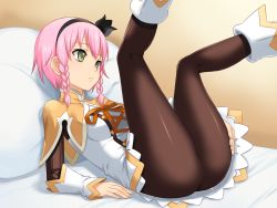 Rule 34 | 1girl, ass, boots, braid, breasts, hairband, hou (hachiyou), legs, legs up, lying, pantyhose, pasca kanonno, pillow, pink hair, serious, solo, tales of (series), tales of the world radiant mythology 2, thighs, twin braids, yellow eyes