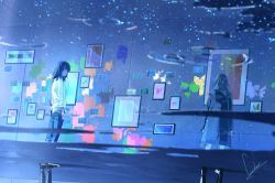 Rule 34 | 2girls, black eyes, black hair, blue theme, coat, denim, highres, hood, hooded coat, jeans, light reflection (water), long hair, looking at viewer, loundraw, multiple girls, original, paint, painting (object), pants, puddle, reflection, reflective water, short hair, signature, tagme, wall