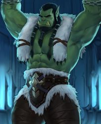 Rule 34 | 1boy, abs, armpits, arms up, bara, beard, black hair, bound, bound arms, brown pants, bulge, colored skin, dopey (dopq), facial hair, fur (clothing), green skin, highres, large pectorals, male focus, mature male, monster boy, muscular, muscular male, nipples, orc, paid reward available, pants, pectoral cleavage, pectorals, short hair, solo, stomach, thick thighs, thighs, thrall, warcraft, world of warcraft