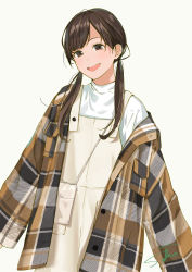 Rule 34 | 1girl, :d, absurdres, bag, blush, brown eyes, brown hair, commentary request, dated, flannel, highres, long hair, looking at viewer, low twintails, off shoulder, open clothes, open mouth, open shirt, original, overalls, plaid, plaid shirt, pocket, sako (35s 00), shirt, shoulder bag, signature, smile, solo, teeth, twintails, unbuttoned, unbuttoned shirt, upper body, upper teeth only, white background, white shirt