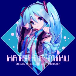 Rule 34 | 1girl, aqua nails, aqua necktie, bare shoulders, black sleeves, blue background, blue eyes, blue hair, blue theme, character name, clenched hands, commentary, detached sleeves, diamond (shape), english text, framed, grey shirt, hair between eyes, hair ornament, hatsune miku, head tilt, headphones, headset, holding, holding own hair, long hair, looking at viewer, nail polish, necktie, shirt, sleeveless, sleeveless shirt, smile, solo, takepon1123, twintails, upper body, very long hair, vocaloid