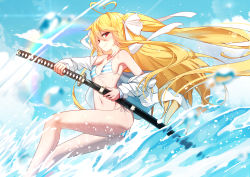 Rule 34 | 1girl, absurdres, ahoge, animal, bad id, bad pixiv id, bare shoulders, bikini, blonde hair, blue sky, blurry, blurry foreground, blush, borrowed character, breasts, closed mouth, cloud, collarbone, commentary request, day, depth of field, duplicate, fish, floating hair, hair between eyes, hair ribbon, heart, heart ahoge, highres, holding, holding sheath, holding sword, holding weapon, jacket, katana, long hair, niliu chahui, off shoulder, open clothes, open jacket, original, outdoors, qys3, red eyes, revision, ribbon, sheath, side-tie bikini bottom, sky, small breasts, smile, solo, striped bikini, striped clothes, swimsuit, sword, tokisaki asaba (niliu chahui), two side up, unsheathing, very long hair, water, weapon, white jacket, white ribbon, x x