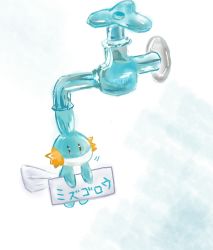 Rule 34 | black eyes, character name, closed mouth, creatures (company), faucet, full body, game freak, gen 3 pokemon, holding, japanese text, kyuupo, mudkip, nintendo, no humans, pokemon, pokemon (creature), sign, simple background, solo, translated, water, white background