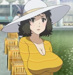 Rule 34 | 1girl, alternate breast size, blush, breasts, cleavage, female focus, hat, kawakami sadayo, large breasts, matching hair/eyes, medium hair, monkeyman, persona, persona 5, persona 5 the animation, screencap, shirt, solo, striped clothes, striped shirt, sun hat, third-party edit, upper body