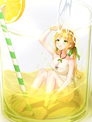 Rule 34 | 1girl, :d, arm up, bare arms, bare legs, bare shoulders, barefoot, blonde hair, blush, breasts, cleavage, collarbone, commentary, dress, drinking straw, english commentary, food, fruit, green eyes, green ribbon, hair ribbon, highres, in container, knees up, large breasts, lemon, lemonade, long hair, low twintails, open mouth, original, ribbon, seero, sitting, sleeveless, sleeveless dress, smile, solo, twintails, very long hair, wet, wet clothes, wet dress, white dress, yellow theme