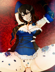 Rule 34 | 1boy, 1girl, bloodstained: ritual of the night, bloodstained (series), blue eyes, breasts, brown hair, cleavage, clothed sex, flower, flower tattoo, highres, looking at viewer, miriam (bloodstained), mrbudguy, on bed, pov, pubic hair, sex, tattoo, vaginal