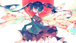 Rule 34 | 1girl, black dress, blue hair, commentary request, dress, elbow gloves, from behind, gloves, hair between eyes, hair ribbon, hatsune miku, highres, liquid, long hair, looking at viewer, looking back, meto (metrin), moon, off-shoulder dress, off shoulder, red eyes, red moon, red ribbon, ribbon, skirt hold, solo, twintails, very long hair, vocaloid