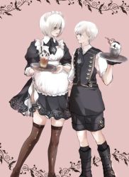 Rule 34 | 1boy, 1girl, apron, black dress, black footwear, black gloves, black shorts, black thighhighs, black vest, bob cut, boots, breasts, buttons, cup, dress, drinking straw, feet out of frame, food, gloves, holding, holding plate, ice cream, iced coffee, knee boots, looking at another, maid headdress, medium breasts, necktie, nier (series), nier:automata, pink background, plate, puffy sleeves, shirt, short dress, short hair, shorts, sundae, thigh strap, thighhighs, tomo (552252), vest, waiter, waitress, white apron, white hair, white shirt, 2b (nier:automata), 9s (nier:automata)