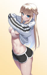 Rule 34 | 1girl, absurdres, areola slip, black shorts, blonde hair, blue eyes, blush, bra, braid, breasts, cleavage, commentary, cowboy shot, dolphin shorts, english commentary, french braid, gradient background, groin, highres, hood, hoodie, lace, lace-trimmed bra, lace trim, large breasts, lifting own clothes, long hair, looking at viewer, navel, open mouth, original, short shorts, shorts, sidelocks, simple background, solo, standing, stomach, straight hair, striped clothes, striped hoodie, thighs, underwear, undressing, white bra, white hoodie, ybee, yellow background