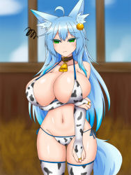 1girl animal_ear_fluff animal_ears animal_print aqua_hair artist_request bell breast_hold breasts cow_print cowbell fox_ears fox_girl fox_tail green_eyes highres huge_breasts like_man3 long_hair solo tail