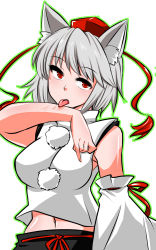 Rule 34 | 1girl, animal ears, arm at side, bare shoulders, commentary request, detached sleeves, expressionless, grey hair, hand up, hat, highres, inubashiri momiji, licking, looking at viewer, midriff peek, navel, outline, pinky out, pom pom (clothes), red eyes, scratches, shiraue yuu, shirt, short hair, simple background, single detached sleeve, sleeveless, sleeveless shirt, solo, standing, stomach, tokin hat, tongue, tongue out, touhou, white background, white shirt, wolf ears
