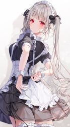 Rule 34 | 1girl, absurdres, apron, arms behind back, back bow, black bow, black dress, bow, breasts, closed mouth, commentary request, dress, frilled apron, frills, from behind, grey hair, hair bow, hair intakes, highres, long hair, looking at viewer, looking back, maid, maid headdress, medium breasts, original, puffy short sleeves, puffy sleeves, short sleeves, solo, taya oco, twintails, very long hair, white apron