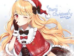 Rule 34 | 1girl, ;o, arm up, bad id, bad pixiv id, belt, belt buckle, black gloves, blonde hair, blush, bow, bowtie, brown bow, brown skirt, buckle, capelet, christmas, commentary, dated, frilled skirt, frills, gloves, gradient background, hair ornament, hand on own cheek, hand on own face, hat, long hair, looking at viewer, merry christmas, moffle (ayabi), one eye closed, original, red bow, red eyes, santa costume, santa hat, simple background, skirt, snowflakes, solo, star (symbol), translation request, upper body, very long hair
