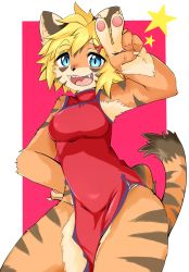 Rule 34 | 1girl, absurdres, blonde hair, blue eyes, borrowed character, chinese clothes, fu-chan, furry, furry female, highres, hitonounti, open mouth, short hair, solo, tiger