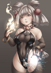 Rule 34 | 1girl, bad id, bad pixiv id, bare shoulders, bracelet, breasts, bridal gauntlets, brown eyes, brown hair, cleavage, covered navel, fire, fire, gradient background, hair rings, highres, jewelry, large breasts, magic, naidong (artist), nail polish, original, solo, standing, thighhighs