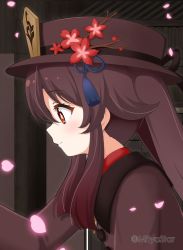 Rule 34 | 1girl, blush, brown hair, brown headwear, brown jacket, closed mouth, commentary request, flower-shaped pupils, from side, genshin impact, hair between eyes, highres, hu tao (genshin impact), jacket, long hair, looking away, mitya, petals, profile, red eyes, red shirt, shirt, sidelocks, smile, solo, symbol-shaped pupils, twintails, twitter username, upper body