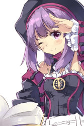 Rule 34 | 1girl, bare shoulders, blush, book, detached sleeves, fate/grand order, fate (series), flat chest, hat, helena blavatsky (fate), helena blavatsky (third ascension) (fate), highres, looking at viewer, normaland, one eye closed, purple eyes, purple hair, short hair, smile, solo