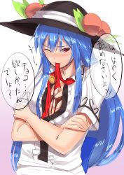 Rule 34 | 1girl, absurdres, alternate breast size, blouse, blue hair, blush, breasts, breasts squeezed together, chocolate, chocolate on body, chocolate on breasts, cleavage, crossed arms, dripping, food, food-themed clothes, food on body, fruit, gradient background, hat, highres, hinanawi tenshi, long hair, mouth hold, neropaso, one eye closed, peach, purple background, red eyes, shirt, short sleeves, solo, touhou, untied, upper body, very long hair