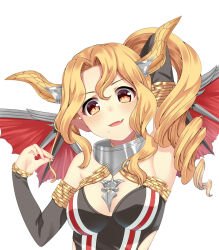 Rule 34 | 1girl, arm behind head, arm up, bare shoulders, bat wings, blonde hair, breasts, brilluen (mabinogi), cleavage, clip studio paint (medium), clothing cutout, demon girl, demon horns, detached sleeves, drill hair, drill ponytail, fang, grey sleeves, hair intakes, hand up, horns, long hair, long sleeves, looking at viewer, mabinogi, medium breasts, mole, mole under mouth, open mouth, orange eyes, pointy ears, red wings, side cutout, simple background, skin fang, smile, solo, toujou mina, upper body, white background, wings, yellow horns