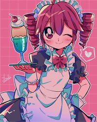 Rule 34 | 1990s (style), 1girl, ahoge, apron, artist name, back bow, black dress, blush, bow, bowtie, cherry, closed mouth, collared dress, dress, drill hair, food, frilled apron, frilled sleeves, frilled wrist cuffs, frills, fruit, grid background, hair between eyes, heart, holding, holding plate, ice cream, kasane teto, looking at viewer, maid, maid headdress, one eye closed, outline, pink background, plate, puffy short sleeves, puffy sleeves, red bow, red bowtie, red eyes, red hair, redrawn, retro artstyle, short hair, short sleeves, smile, solo, spoken heart, sundae, twin drills, utau, white apron, white bow, white headdress, white outline, white wrist cuffs, wrist cuffs, yuusuke-kun