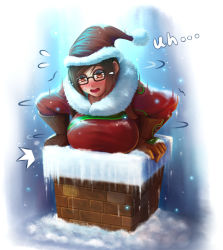 Rule 34 | alternate costume, blush, breasts, chimney, english text, hat, highres, inconvenient breasts, large breasts, mei (overwatch), oldlim, overwatch, overwatch 1, santa costume, santa hat, solo, stuck