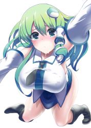 Rule 34 | 1girl, amisu, arm up, bare shoulders, blush, breasts, cum, cum on body, cum on clothes, cum on upper body, detached sleeves, frog hair ornament, green eyes, green hair, hair ornament, hanging breasts, huge breasts, japanese clothes, kochiya sanae, large breasts, long hair, looking at viewer, matching hair/eyes, miko, pov, simple background, snake hair ornament, solo, tears, touhou, wet, white background