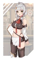 Rule 34 | 1girl, alternate costume, apron, ascot, bare shoulders, black pantyhose, braid, breasts, crop top, genshin impact, green eyes, grey hair, highres, holding, indoors, inniyik, large breasts, looking at viewer, midriff, navel, noelle (genshin impact), open mouth, pantyhose, red ascot, short hair, single leg pantyhose, single thighhigh, solo, standing, stomach, thighhighs, translation request, waist apron, white apron
