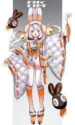 Rule 34 | 1girl, 2023, absurdres, akeome, animal ears, bell, carrot, food, gradient background, grey background, grey hair, hair bell, hair ornament, happy new year, highres, holding, holding carrot, holding food, japanese clothes, jingle bell, kimono, kneehighs, long sleeves, looking at viewer, mamiya miya, medium hair, new year, nontraditional miko, open mouth, original, pinching sleeves, platform footwear, ribbon-trimmed sleeves, ribbon trim, simple background, skirt, socks, solo, thick eyebrows, tongue, tongue out, white background, white kimono, wide sleeves, x hair ornament