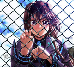 Rule 34 | 1girl, artist name, blue necktie, brown hair, cloud, collared shirt, commission, crying, crying with eyes open, dated, fence, grey jacket, hair intakes, highres, jacket, looking at viewer, military, military uniform, muv-luv, muv-luv alternative, muv-luv total eclipse, necktie, parted lips, popgun (22882502), portrait, purple eyes, shirt, skeb commission, sky, solo, takamura yui, tears, uniform