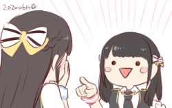 Rule 34 | 2girls, asakura momo, black hair, black neckwear, blush, blush stickers, bow, braid, chibi, from behind, idolmaster, idolmaster million live!, laughing, looking at another, multiple girls, nagian, open mouth, parfait noir (idolmaster), pointing, real life, simple background, smile, tadokoro azusa, upper body, voice actor, voice actor connection, white background, white bow, wrist cuffs
