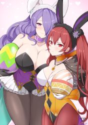 Rule 34 | 2girls, absurdres, animal ears, bare shoulders, black gloves, black legwear, breasts, camilla (fire emblem), camilla (spring) (fire emblem), cleavage, collarbone, detached collar, easter egg, egg, fake animal ears, female focus, fire emblem, fire emblem awakening, fire emblem fates, gloves, hair between eyes, hair over one eye, hand on another&#039;s shoulder, height difference, highres, holding, holding egg, jewelry, kaos art, large breasts, leotard, looking at viewer, matching hair/eyes, multiple girls, necklace, nintendo, pantyhose, purple eyes, purple hair, red eyes, red hair, red legwear, severa (fire emblem), smile, strapless, strapless leotard, twintails, white gloves