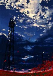 Rule 34 | cloud, commentary request, crescent moon, falling petals, field, flower, flower field, highres, moon, no humans, original, orval, petals, power lines, radio tower, scenery, sky, spider lily, star (sky), starry sky, utility pole