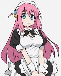 Rule 34 | 1girl, apron, black bow, blue eyes, blush, bocchi the rock!, bow, bowtie, cube hair ornament, detached collar, dress, frilled apron, frilled dress, frills, gotoh hitori, grey background, hair ornament, hair over eyes, long hair, maid, maid apron, maid headdress, manamisan, one side up, pink hair, puffy short sleeves, puffy sleeves, short sleeves, simple background, solo, white apron