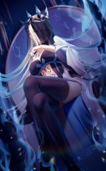 Rule 34 | 1girl, blue eyes, braid, breasts, crown, dress, fate/grand order, fate (series), french braid, highres, large breasts, long hair, looking at viewer, morgan le fay (fate), rimuu, silver hair, sitting, solo, thighs, very long hair