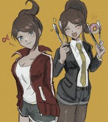 Rule 34 | 1girl, :3, :d, asahina aoi, black jacket, black shorts, blue eyes, blush, breasts, brown hair, brown pantyhose, collarbone, collared shirt, cowboy shot, danganronpa: trigger happy havoc, danganronpa (series), danganronpa 3 (anime), dark-skinned female, dark skin, doughnut, food, green neckwear, hair ornament, hands up, heart, highres, holding, jacket, large breasts, looking at viewer, multiple views, musical note, necktie, open clothes, open jacket, open mouth, orange background, pantyhose, red jacket, sema (vivaviva 02), shirt, short shorts, shorts, smile, thong, white shirt
