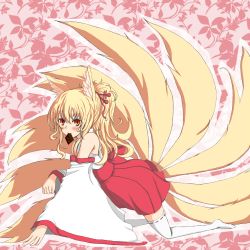 1girl all_fours animal_ears azure_luna bare_shoulders blonde_hair chocolate detached_sleeves female_focus fox_ears fox_tail full_body hair_ornament hairpin highres long_hair mouth_hold multiple_tails orange_eyes original ponytail solo tail thighhighs white_thighhighs zettai_ryouiki