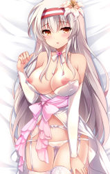 Rule 34 | 1girl, babydoll, bare shoulders, bed sheet, blush, breasts, cameltoe, choker, cleavage, collarbone, cowboy shot, flower, garter belt, gluteal fold, hair flower, hair ornament, hand up, headband, heart, highres, ichiyou moka, kantai collection, large breasts, lingerie, long hair, looking at viewer, lying, navel, nipples, on back, orange eyes, panties, parted lips, ribbon choker, shoukaku (kancolle), silver hair, solo, stomach, thighhighs, underwear, very long hair, white flower, white panties, white thighhighs