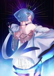 Rule 34 | 1girl, ahoge, blue eyes, blue hair, cowboy shot, cup, dress, elbow gloves, from behind, girls&#039; frontline, gloves, hair ornament, highres, holding, holding cup, invertedqueen, looking at viewer, looking back, official alternate costume, short hair, solo, watermark, white dress, white gloves, zas m21 (girls&#039; frontline), zas m21 (white queen) (girls&#039; frontline)