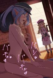 Rule 34 | 1boy, 2girls, :d, blue hair, blush, breasts, cowgirl position, door, feet out of frame, full body, girl on top, hat, hetero, highres, indoors, komugie, livia (rune factory), motion blur, multiple girls, nipple stimulation, nipple tweak, nude, open mouth, pink headwear, pointy ears, ponytail, red eyes, rune factory, rune factory 5, scarlett (rune factory), sex, sidelocks, small breasts, smile, sound effects, straddling, walk-in