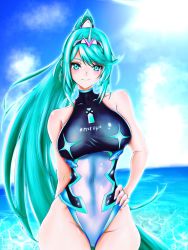 Rule 34 | 1girl, bare hips, beach, breasts, competition swimsuit, earrings, gem, green eyes, green hair, hair ornament, hakusai (hksicabb), headpiece, highres, jewelry, large breasts, long hair, looking at viewer, neon trim, nintendo, ocean, one-piece swimsuit, pneuma (xenoblade), ponytail, smile, solo, spoilers, swept bangs, swimsuit, tiara, very long hair, xenoblade chronicles (series), xenoblade chronicles 2