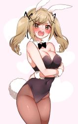Rule 34 | 1girl, :o, animal ears, bang dream!, bare shoulders, black leotard, black neckwear, black ribbon, blonde hair, blush, bow, breasts, brown eyes, brown pantyhose, cleavage, covered navel, cowboy shot, crossed arms, detached collar, embarrassed, fake animal ears, hair ornament, hair ribbon, heart, heart background, highleg, highleg leotard, ichigaya arisa, large breasts, leotard, long hair, looking at viewer, mamaloni, open mouth, pantyhose, pink background, playboy bunny, rabbit ears, rabbit tail, ribbon, sidelocks, simple background, solo, standing, sweatdrop, tail, twintails, wrist cuffs, x hair ornament