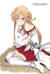 Rule 34 | 10s, 1girl, angry, asuna (sao), bare shoulders, blush, brown eyes, brown hair, clenched teeth, covering privates, covering breasts, derivative work, detached sleeves, highres, knees together feet apart, long hair, looking at viewer, scowl, sitting, skirt, snarl, solo, sumomo (tyc78503012), sword, sword art online, teeth, thighhighs, wariza, weapon, white thighhighs, zettai ryouiki