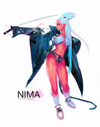 Rule 34 | 1girl, black panties, blue eyes, breasts, character name, colored skin, facial mark, forehead mark, full body, japanese clothes, katana, legs, looking to the side, medium breasts, nima (ross tran), nose, open clothes, original, panties, red skin, ross tran, socks, solo, sword, underwear, weapon, white hair