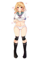 Rule 34 | 1girl, absurdres, bandaid, bandaid on face, black socks, blonde hair, blue ribbon, blush, bow, bow panties, breast hold, breasts, cameltoe, closed mouth, clothes lift, commentary request, crab, crossed arms, full body, gluteal fold, heart, highres, kantai collection, knee pads, lifted by self, looking at viewer, medium breasts, navel, neck ribbon, no pants, no shoes, notice lines, oboro (kancolle), panties, pikacchi, print socks, ribbon, school uniform, serafuku, shirt lift, short hair, simple background, skindentation, smile, socks, solo, standing, thighs, underwear, white background, white panties, yellow eyes