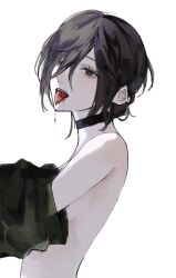 Rule 34 | 1girl, black choker, blood on tongue, chainsaw man, choker, drooling, green eyes, hair over one eye, highres, inuo (inuo x), looking at viewer, reze (chainsaw man), short hair, sideways glance, simple background, solo, tongue, tongue out, undressing, white background