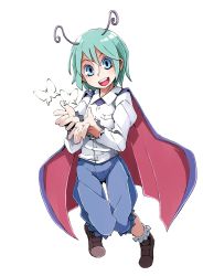 Rule 34 | 1girl, antennae, bad id, bad pixiv id, black cape, blue shorts, brown footwear, bug, butterfly, buttons, cape, collared shirt, d@i, green eyes, green hair, insect, long sleeves, mary janes, open mouth, red cape, shirt, shoes, short hair, shorts, simple background, socks, solo, touhou, two-sided cape, two-sided fabric, white background, white shirt, wriggle nightbug